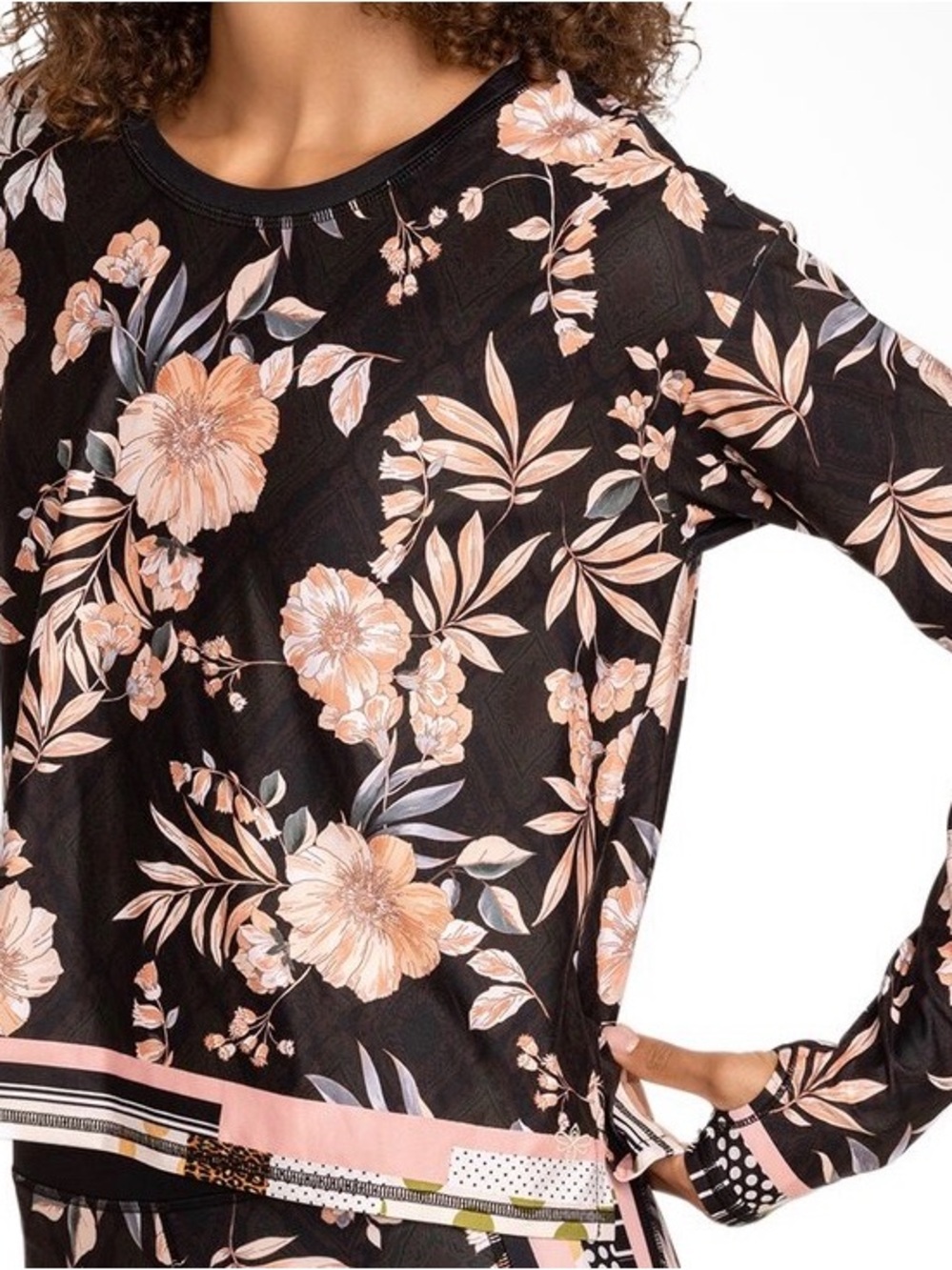 Johnny Was Black Long-Sleeve Floral Tee with Peach Accents Sz M EUC - Picture 2 of 7